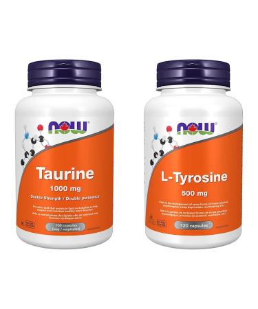 NOW Supplements Taurine 1000mg Capsules (100 Count) + NOW L-Tyrosine (Freeform) Capsules (500mg 120 Count) Taurine+ Capsules 500mg Unflavored 100 Count (Pack of 1)