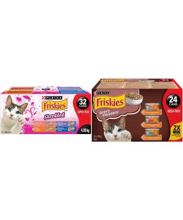 Friskies Purina Shredded Super Pack Cans and Gravy Pleasures Cat Food Variety Bundle (156g) Shredded Cat Food + Gravy Pleasures