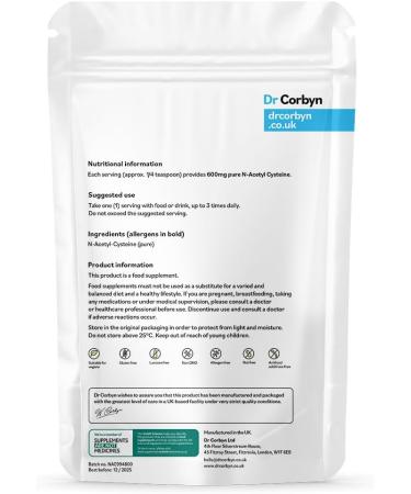 Dr Corbyn NAC N-Acetyl-Cysteine 600mg Powder - 45g | High Strength NAC Amino Acid for Maximum Bioavailability | UK Made - Buy Online on SooperMarket.com