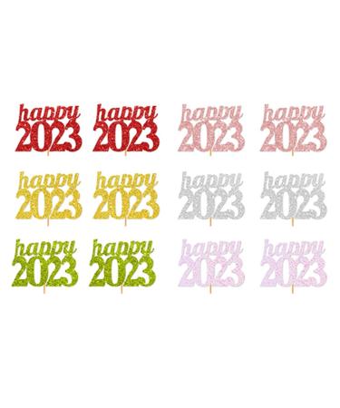 12Pcs 2023 Happy New Year Cupcake Toppers Colors Cupcake topper Cheers to 2023 Cake Picks for New Year Eve Party Supplies 1 One Color