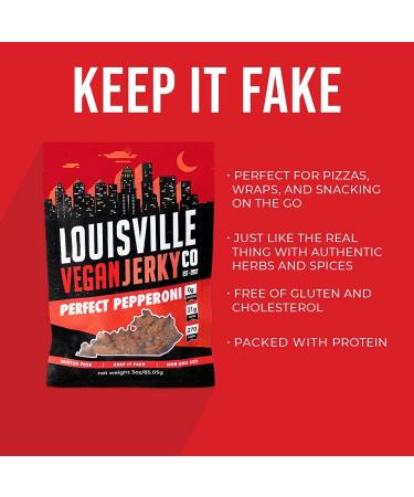 Louisville Vegan Jerky - Perfect Pepperoni 3 oz (Pack of 1) | Vegetarian & Vegan-Friendly - Non-GMO Soy Protein - 270 Calories - Gluten-Free Ingredients - Buy Online on SooperMarket.com