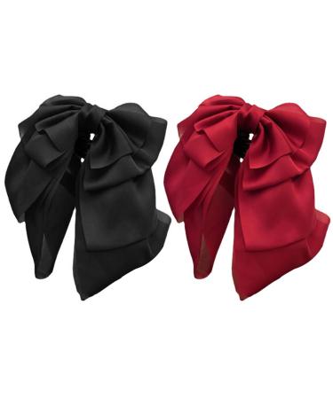 Hair Bows for Women 2PCS Black Red Hair Bow Satin Bow Hair Clips Large Silky Ribbon Bows Hair Accessories Bow Clips for Women Short 1 count (Pack of 1) Short Style