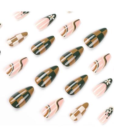 Dark Green Checkerboard & Swirl Oval Press on Nails Set - 24Pcs Acrylic False Fingers for Women Girls - Buy Online on SooperMarket.com