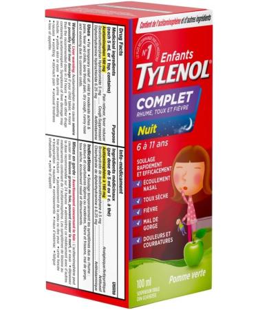 TYLENOL Children s Complete Cold Cough & Fever Suspension Liquid Nighttime Relieves Cough Cold & Fever symptoms 100mL Green Apple Flavour For ages 6-11yrs - Buy Online on SooperMarket.com