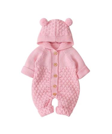 Baby Boy Girl Clothes Long Sleeve Knitted Hooded Romper Bodysuit Onesie Fall Winter Jumpsuit 0-6 Months Pink-Hairball