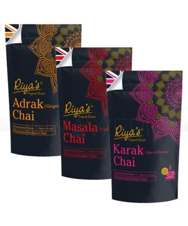 Riya's Original Recipe Indian Chai Powder Premixed and Sweetened Makes 30 Cups Just Add Hot Water (Variety Pack of 3 - Masala Karak & Ginger)