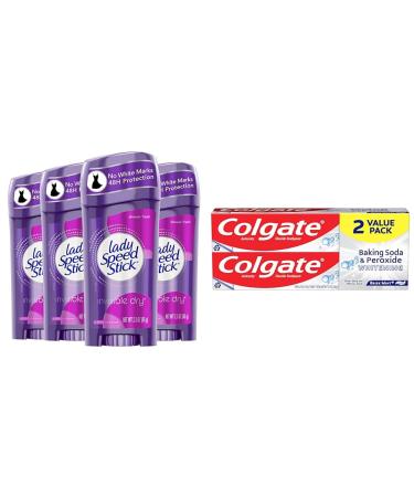 Lady Speed Stick Invisible Dry Antiperspirant Deodorant Shower Fresh 2.3oz 4 Pack & Colgate Baking Soda & Peroxide Toothpaste - Whitens Teeth Fights Cavities & Removes Stains Shower Fresh + Toothpaste 2.3 Fl Oz (Pack of 4)