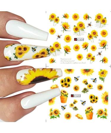 Sunflower Nail Decals - 12 Sheets Water Transfer Flower Nail Stickers for Summer Nails - Nail Art Accessories and Supplies for Acrylic Nail Decor - Buy Online on SooperMarket.com