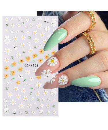 Daisy Embossed 5D Nail Art Stickers - Spring Flower & Rabbit Design | Self-Adhesive Decor for Women & Girls - 3 Sheets - Buy Online on SooperMarket.com