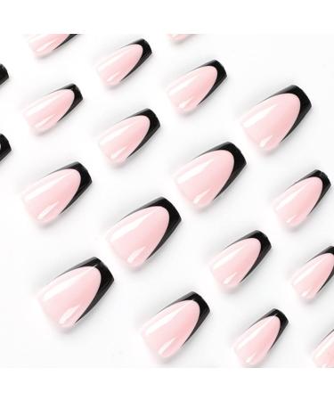 Justotry 24pcs Glossy Black French Press on Nails | Pink Ballerina Long Stick on Nails for Women | Acrylic Coffin False Nails with Glue - Nail Art - Buy Online on SooperMarket.com
