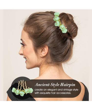 Vintage Asian Chinese Hanfu Pearl Green Jade Hair Combs & Pins Set | Hair Accessories for Women & Girls - Buy Online on SooperMarket.com