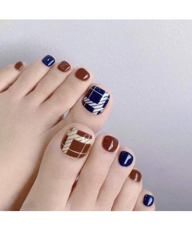 Decorative nail patch blue coffee checkered toenail wear and nail patch fake nails nail patch 24 toenail patches.