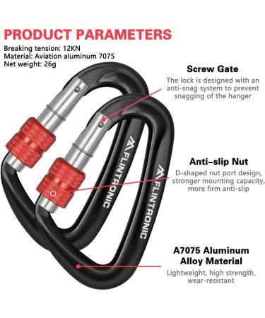Flintronic Twist Lock Aluminum Carabiner Hook - 12KN Black - Ideal for Hammocks Swings Camping & Fishing - Durable Outdoor Equipment - Buy Online on SooperMarket.com