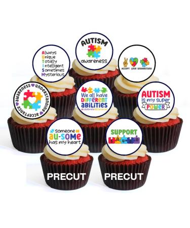 24 PRECUT Autism Awareness Edible Cupcake Toppers - Jigsaw Theme Premium Thickness SWEETENED Vanilla - Wafer Card disc Cake Decorations