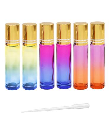 JamHooDirect 6Pcs 10ml Essential Oils Roller Bottles Empty Refillable Gradient Color Glass Roll on Bottles with Stainless Steel Roller Balls & Golden Caps Includes Labels Dropper & Opener