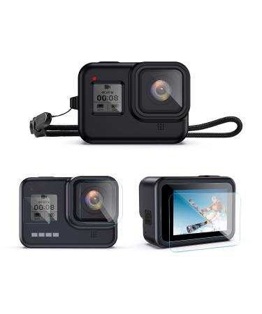 Accessories Kit for GoPro Hero 8 Black, Silicone Rubber Protective Case with Stretchable Lanyard + 6Pcs Ultra Clear Tempered Glass Screen Protector for Go Pro 8