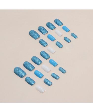 MISUD Short Square Press on Nails - Glossy Summer Blue Acrylic Nails | 24 pcs Squoval DIY False Nails with Bling Glitter Design - Buy Online on SooperMarket.com