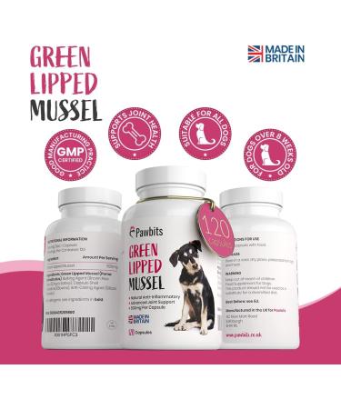 Pawbits 120 Green Lipped Mussel 500mg Hip & Joint Support Capsules for Dogs | Premium New Zealand Mussel Natural Dog Supplements | UK Made - Buy Online on SooperMarket.com