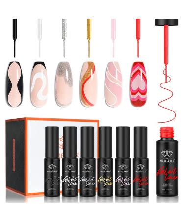 Modelones Gel Polish Nail Art Gel Liner Set-8ml, 6 Colors White Black Pink Glitter Gel Nail Polish Gel Liner Nail Art Soak Off Led Lamp Built in Thin Nail Art Brush for Nail Design Paint A-6 Colors Lovely Gel Set