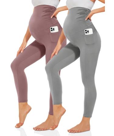 TNNZEET Maternity Leggings Women Opaque Pregnancy Leggings Long with Pockets for Yoga L Skin Color/Light Gray