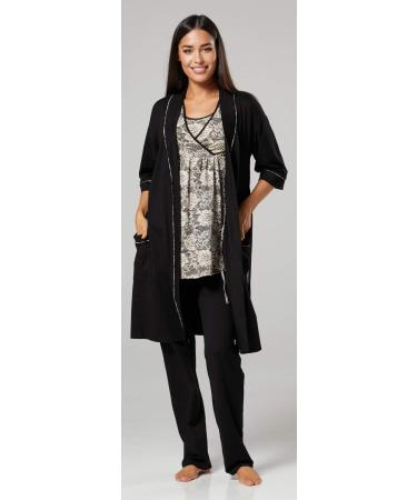 HAPPY MAMA Women's Maternity Nursing 3pcs Nightwear Set - Beige Flowers & Black - Buy Online on SooperMarket.com
