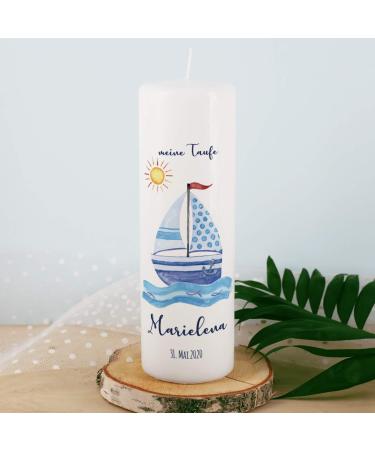 Striefchen Personalized Baptism Candle for Boys - Custom Name Date & Saying - 8x25 cm Sailing Ship Design | International Shipping - Buy Online on SooperMarket.com