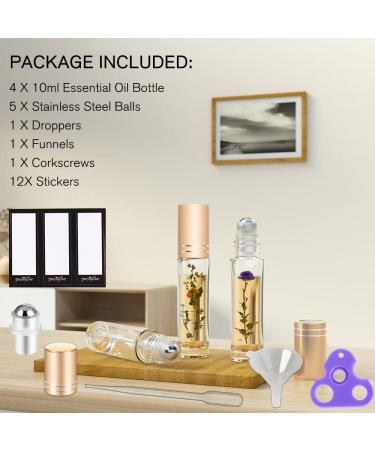 PrettyCare 10ml Essential Oil Roller Bottles | Glass Clear Perfume Containers with Extra Accessories | 4 Pack with Gold Caps for DIY Aromatherapy - Buy Online on SooperMarket.com