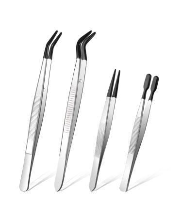 Ainiv 4Pcs Stainless Steel Tweezers with Non Slip Rubber Straight/Flat/Long Curved Tips Non Marring Tweezers Silicone Tipped Tweezers Tools for Jewelry Crystals Bead Making Crafts Making Lab #5 4PCS