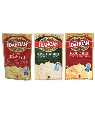 Idahoan Mashed Potatoes Variety Bundle : Buttery Homestyle, Four Cheese, Roasted Garlic (4 Ounce x 3 Pack)