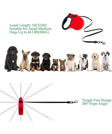 Etaccu Rollerin Retractable Dog Leash - 5m One-Button Block Reflective Non-Slip Handle for Small/Medium Dogs up to 20kg - Red - Buy Online on SooperMarket.com