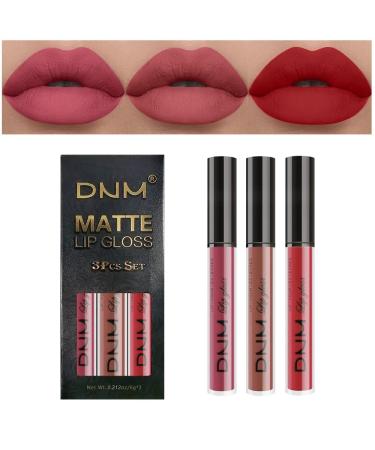 evpct 3Pcs Ruby Red Nude Pink Mauve Matte Liquid Lipstick Lip Stain Sets for Women DNM Long Lasting 24 Hours Stay on Matte Lipstick Light Skin labiales matte larga duracion 24 mate 24 horas originales 0.21 Fl Oz (Pack of...