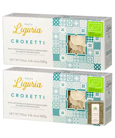 Pasta di Liguria, Croxetti "Coin Pasta", Certified Organic Italian Ligurian Ornate Pasta, Imported From Montoggio, Italy, 17.64 oz (Pack of 2) + Includes-Free Premium Rhino Basil Leaves.071 oz