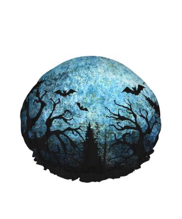 Moslion Blue Teal Gray Moon Reusable Shower Cap Dark Halloween Night Spider Web Bats Spooky Forest Tree Large Shower Cap Shower Hair Cap  Bath Cap  Hair Cover for Women Long Hair a226