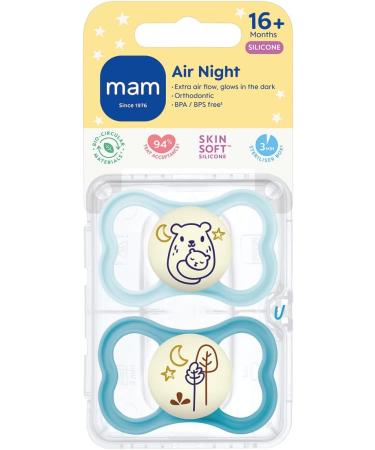 MAM Air Night Soothers 16+ Months (Pack of 2) Glow in the Dark Baby Soothers with Self Sterilising Travel Case Newborn Essentials Blue (Designs May Vary) Blue Night 1 12+ M Soother - Buy Online on SooperMarket.com