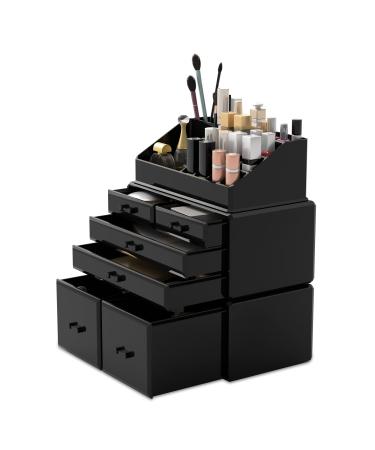 READAEER Makeup Organizer 3 Pieces Cosmetic Storage Case with 6 Drawers (Black) 3 Layer Black