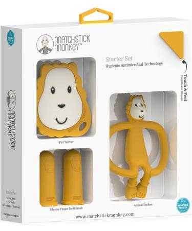 Matchstick Monkey Antimicrobial Teething Starter Set - Flat Face & Animal Teethers, Silicone Finger Toothbrushes - Ludo Lion Design, 3 Months - Buy Online on SooperMarket.com