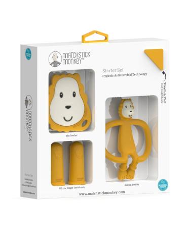Matchstick Monkey Antimicrobial Teething Starter Set - 1 Flat Face Teether 1 Animal Teether 2 Silicone Finger Toothbrushes 3 Months Old+ Ludo Lion Ludo Lion Set 3 Months Old+
