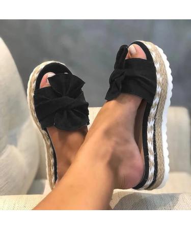evzosrz Womens Espadrilles Slip on Wedge Sandals Slides Bow Tie Platform Open Toe Summer Mules Shoes Thick Cushion Slippers Sandals for Women Dressy Summer Black 7.5