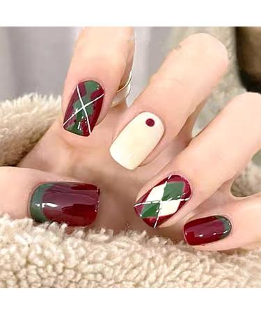Vatocu Christmas False Nails Short Red Press on Nails Snowflakes Elk Fake Nails Snowman Acrylic Stick on Nails for Women and Girls(24pcs)
