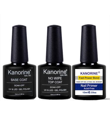 Kanorine UV/LED 10ml Nail Gel Polish 3 in 1 Set(Nail Primer+Base Coat +Top Coat) non-acid Natural/Acrylic Nails Primer Liquids gel bonder Agent soak-off no-wipe NailGelPolish 0.33oz x3 Primer&Base&Top