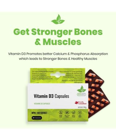 Ayulent Vitamin D3 1000IU Capsules for strong bones and immunity| 100% Vegan Non-GMO Capsules | Contains Vitamin D that helps improve skin & hair problems in addition to overall health benefits.| For Adults 30 capsules (Pack of 1) - Buy Online on SooperMarket.com