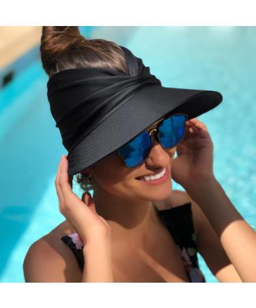 Mukeyo Women's Wide Brim Sun Visor Hat for UV Protection - Packable Ponytail Beach Cap in Black - Buy Online on SooperMarket.com