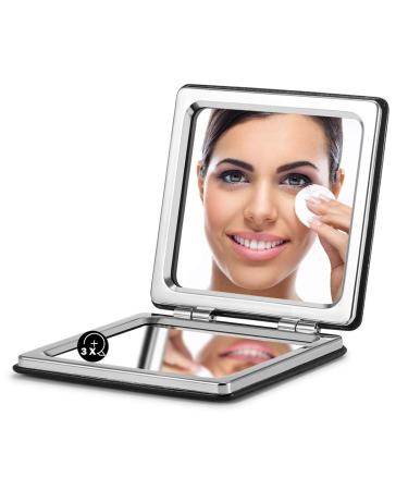 OMIRO Compact Mirror, Classical PU Leather 1X/3X Magnification, Pocket Ultra Portable for Purses and Travel (Black)