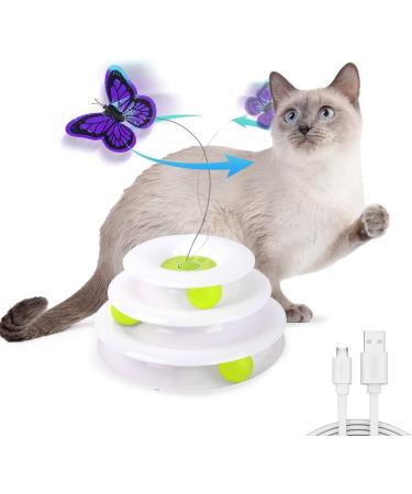 All for paws 2 in 1 Interactive Cat Tower Butterfly Toy Automatic Cat Butterfly Flutter Bug Toy Cat Enrichment Ball Track Smart Kitten Toys Interactive Cat Toy With 360 Rotating Butterfly USB Tower Butterfly Toy