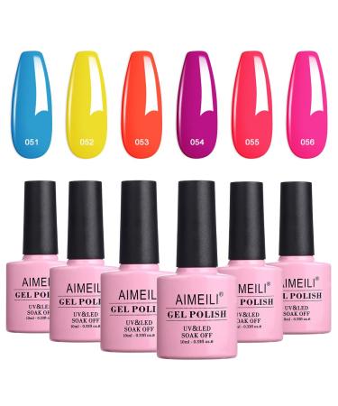 AIMEILI Hot Pink Neon Gel Nail Polish Soak Off Summer Yellow Gel Nail Lacquer  Neon Pink Neon Orange Blue Purple Nail Polish Color Gel Set Of 6pcs X 10ml - Kit Set 11 SET6-11