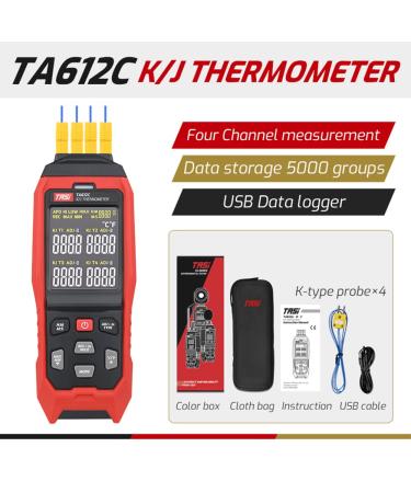 TASI TA612C Type K/J Digital Thermometer -200 to 2501 | 4-Channel LCD Handheld Temp Measurement with Data Storage & USB Upload - Buy Online on SooperMarket.com