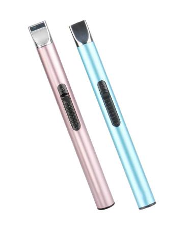 Candle Lighter, Electric USB Rechargeable Lighter Arc Long Lighter Flameless Lighter with Safe Button for Candle BBQ Grill Fireworks Cooking( Blue & Rose Gold 2Pcs) Blue+rose Gold
