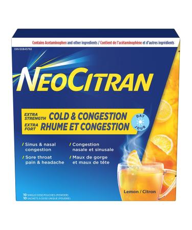 NeoCitran Extra Strength Cold and Congestion for Non-Drowsy Relief Lemon 10 Count