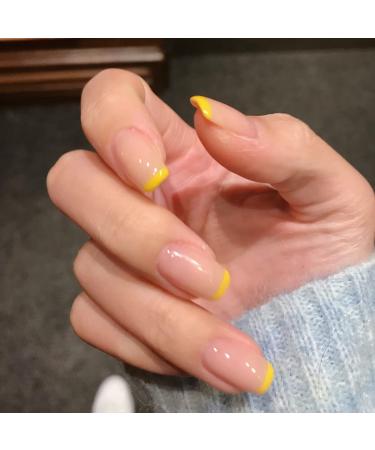 Handcess Short Shiny Square Artificial Nails - French Art Design in Yellow/Pink - 24 Press-On Nails for Women & Girls - Buy Online on SooperMarket.com