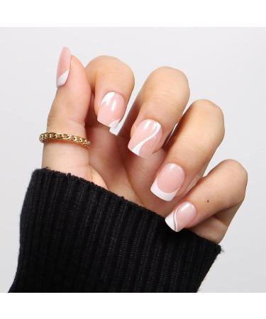 24Pcs Short Square French Press on Nails - White Swirl Design False Nails for Women & Girls - Buy Online on SooperMarket.com